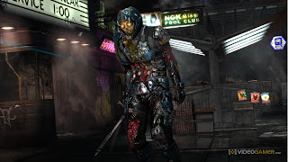 This is a Dead Space 3 Necromorph, holding a weapon and grotesque