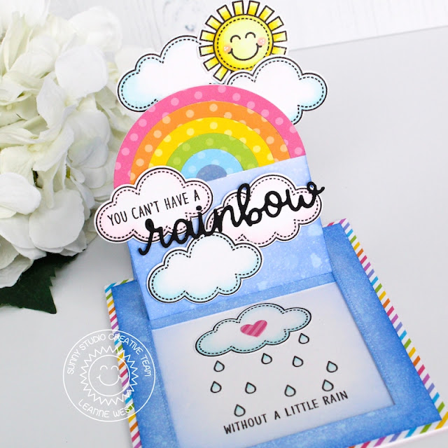 Sunny Studio Stamps: Over The Rainbow Sliding Window Die Rainbow Word Die Rainbow Themed Card by Leanne West