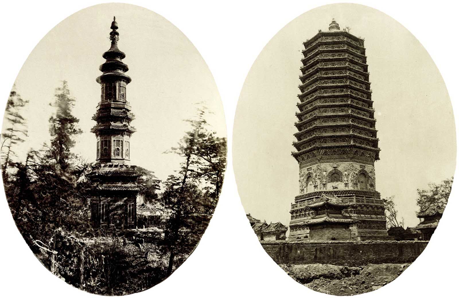 Left: A view of the Fragrant Hills Pagoda, which was part of the Grand Zongjing Monastery. The pagoda is embellished with glazed tiles of yellow, green, purple, and blue. Right: The 12th century pagoda of Tianning Temple, standing a few miles from the west gate of the city. It is one of the oldest buildings in the capital. Like many other Liao dynasty pagodas, the structure is solid. A sealed underground chamber holds Buddhist relics, statues, and sutras placed when the pagoda was built. 