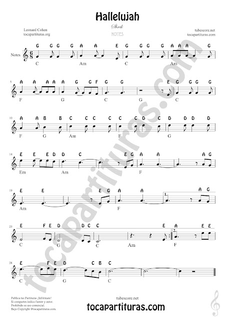 Hallelujah (Notas Nomenclatura Inglesa) Easy Sheet Notes for Treble Clef, Violin, Saxophones, Trumpets, Flute, Recorder, Clarinet... Aleluya Notes