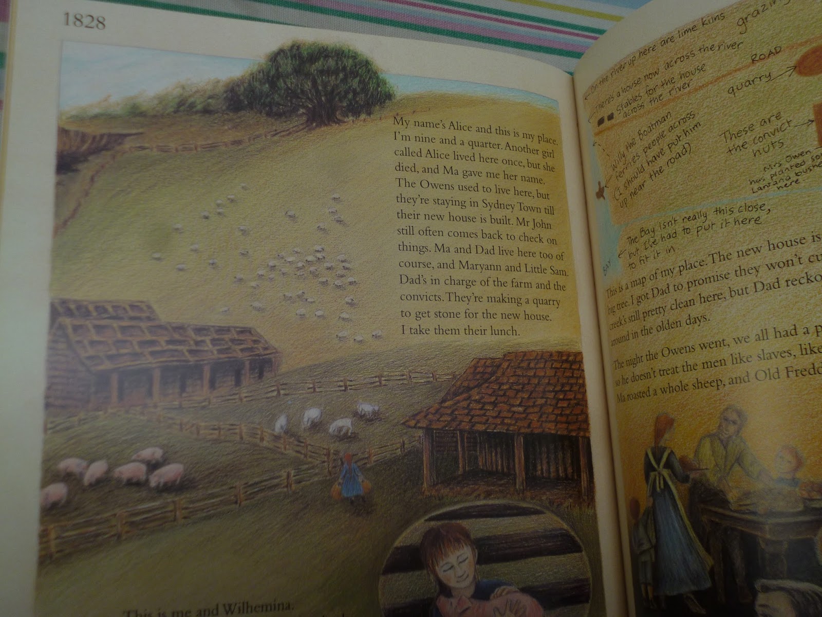 On the stripey couch on a