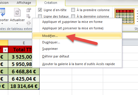 Modifier style de tableau personnalisé