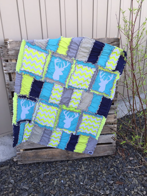 Lime Green, Navy Blue, Aqua, and Gray Woodland Baby Quilt and Nursery Crib Bedding