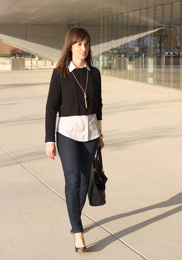 layered shirt under sweater, fall trends, kendra scott necklace, cable knit sweater, over 40 style, fashion over 40