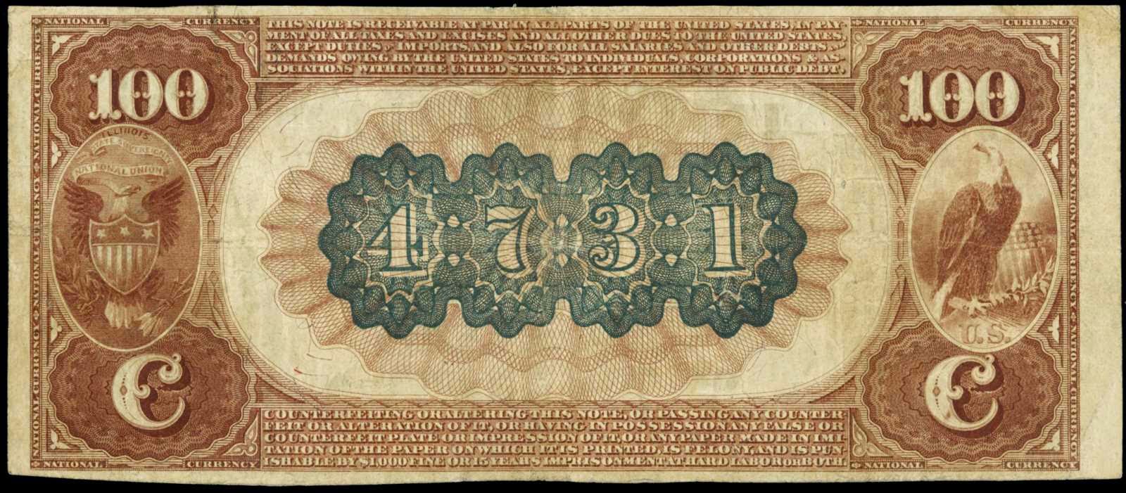 1882 $100 Brown Back National Bank Note | The Palmer National Bank of