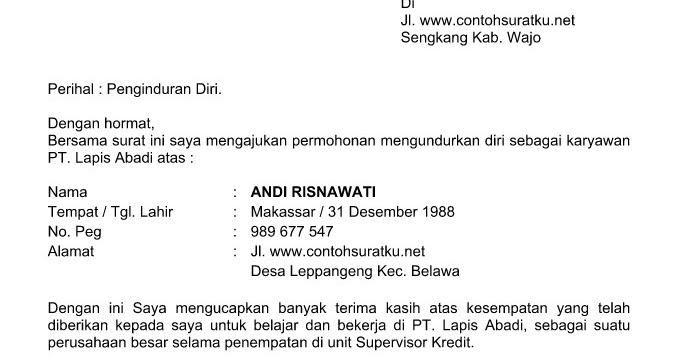 Contoh Surat Pengunduran Diri Kantor Notaris - Wonder ...