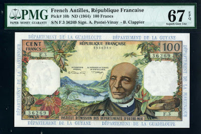Currency money French Antilles 100 Francs banknote Schoelcher French Overseas Departament