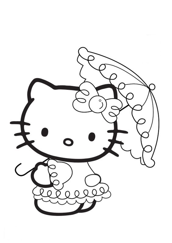 Tranh tô màu mèo hello kitty cầm ô xinh