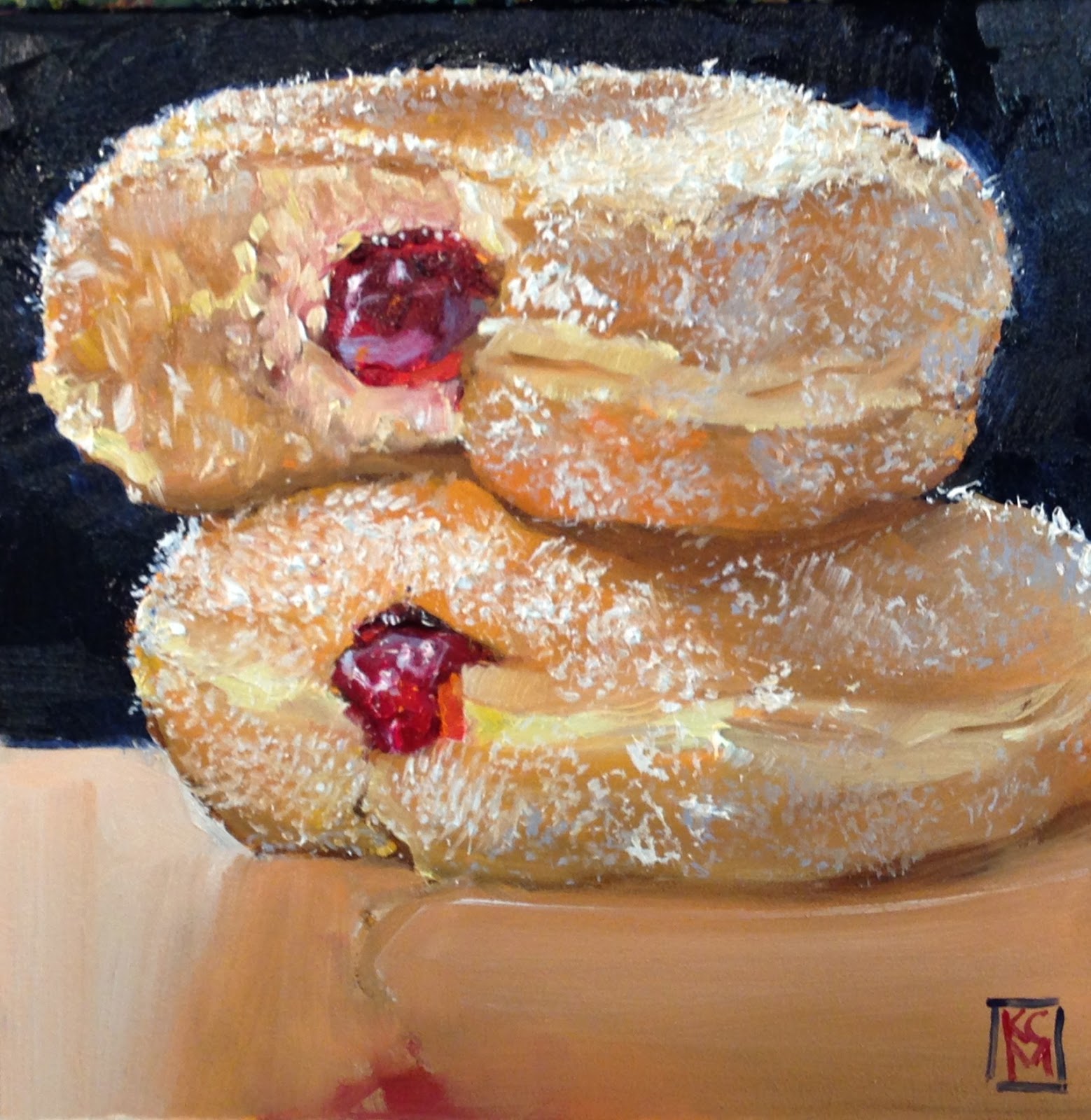 Kelley MacDonald's Paintings Double Decker Donuts, 6x6 Inch Oil