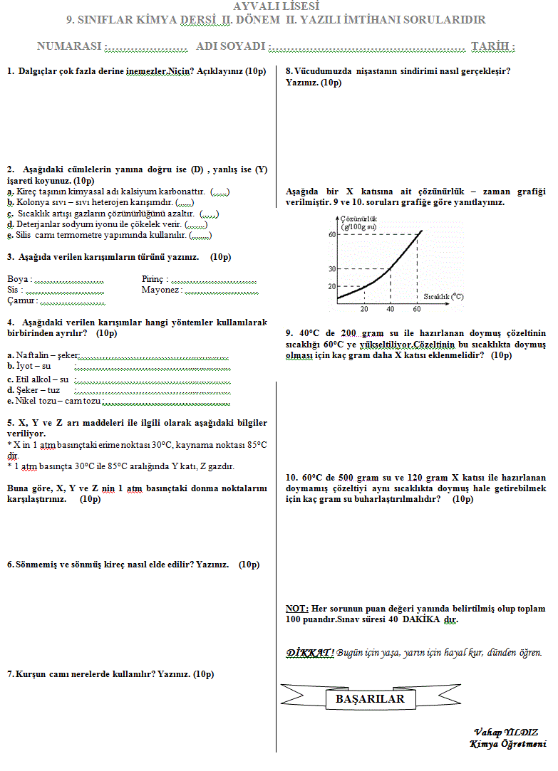 Ders 2013: 9.sinif kimya 2.dönem 2.yazili sorulari