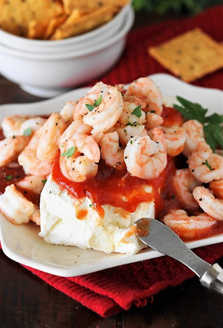 Super Easy Shrimp & Cream Cheese Appetizer image ~ You truly won't believe something this easy tastes so good!  Pair this super easy Shrimp & Cream Cheese Appetizer with crackers for  a totally tasty party or snacking dip.
