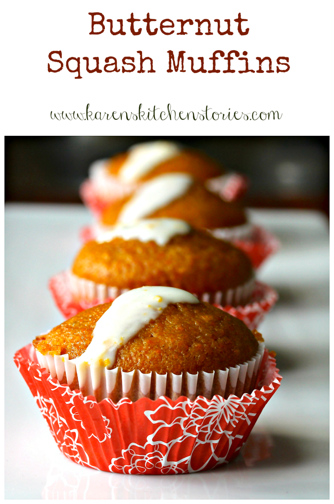These butternut squash muffins are loaded with grated butternut squash, and are flavored with cinnamon, brown sugar, and pecans. They are drizzled with a very grown up vanilla, citrus zest, and sour cream topping when served.