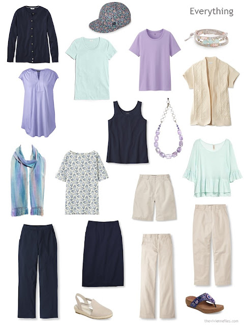 travel capsule wardrobe in navy, beige, mint and lavender for warm weather travel capsule wardrobe in navy, beige, mint and lavender for warm weather