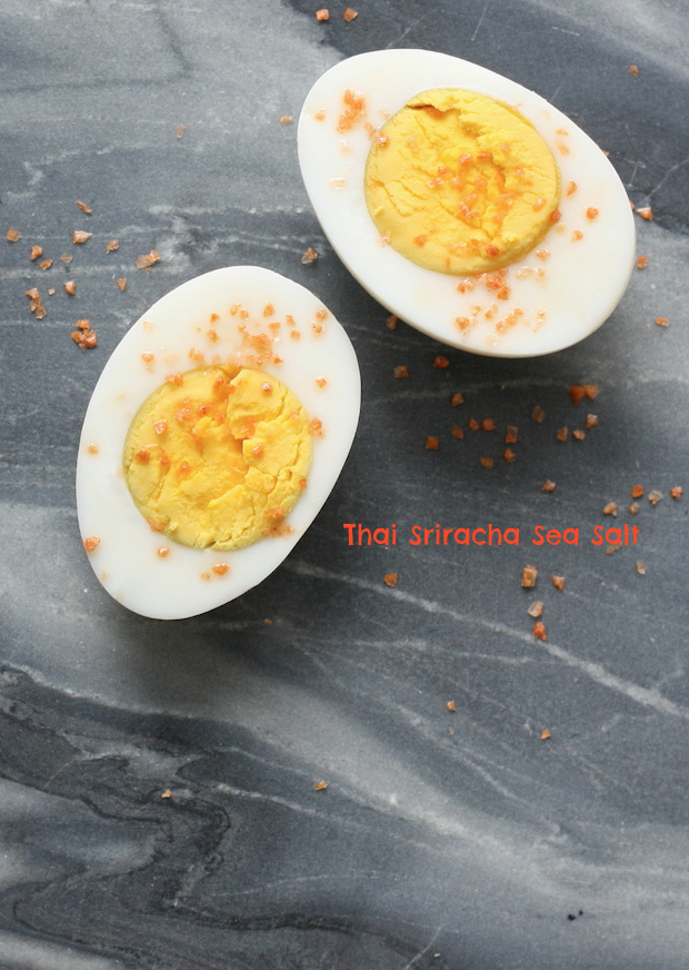 Thai Sriracha Sea Salt sprinkled on hard boiled eggs by SeasonWithSpice.com