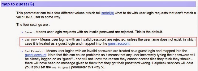 The smb.conf setting for "map to guest" allows us to modify handling of unknown or anonymous users