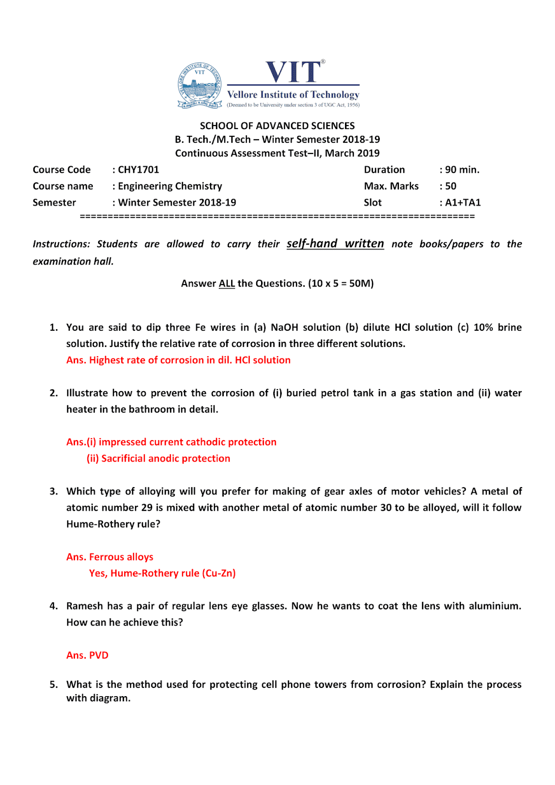 ENGINEERING CHEMISTRY (CHY1701) QUESTION PAPERS [CAT 1 CAT 2 FAT] VIT