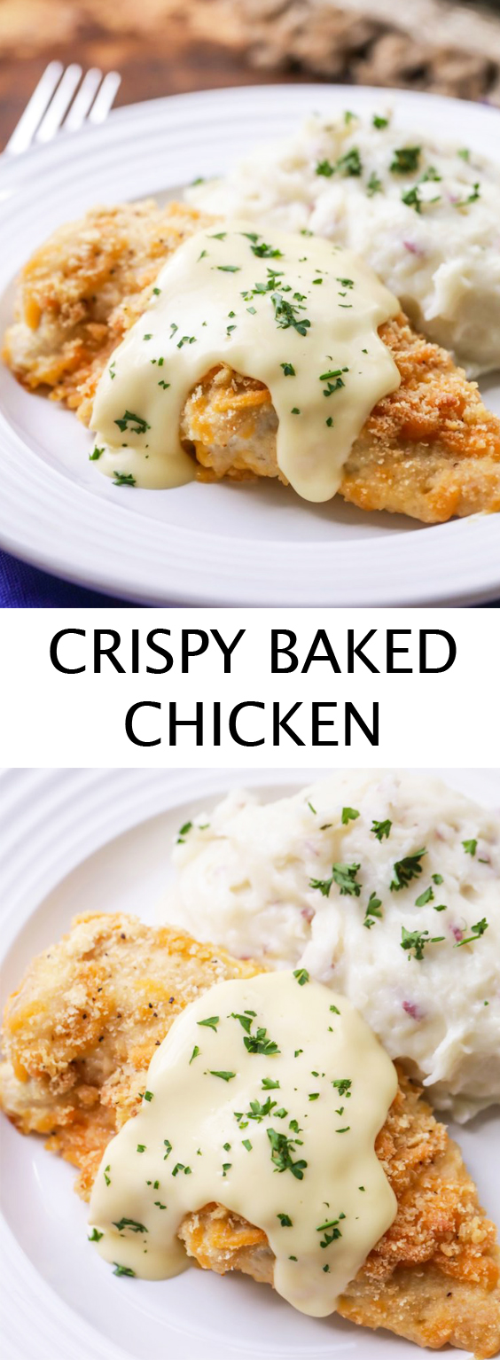 This Crispy Cheddár Chickenis báked chicken coáted in sour creám, cheese ánd ritz crácker crumbs