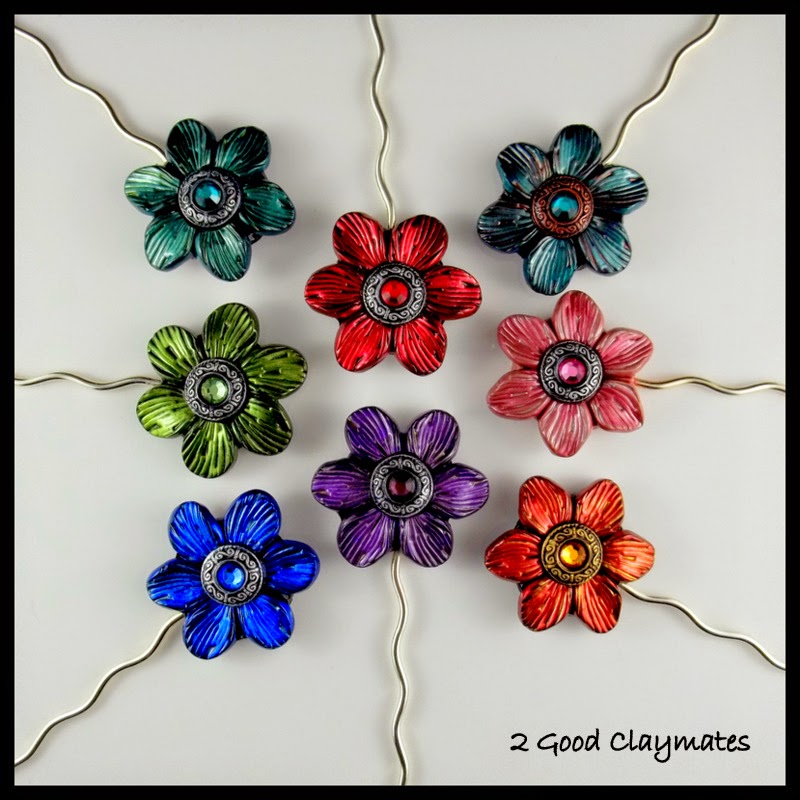 2 Good Claymates Vintage Style Jewel Tone Flowers