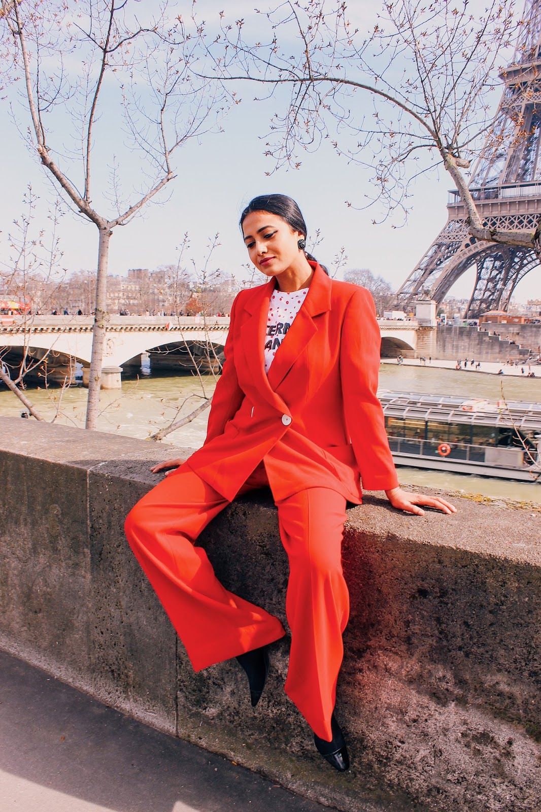 zara pant suit, zara suit, red matching set, pant suit, trouser suit, red pant suit, red trouser suit, style a suit, effortless chic, casual chic, wear in paris, paris outfit, wide leg trouser, double breasted blazer, indian blogger, uk blog, sock boots, paris red