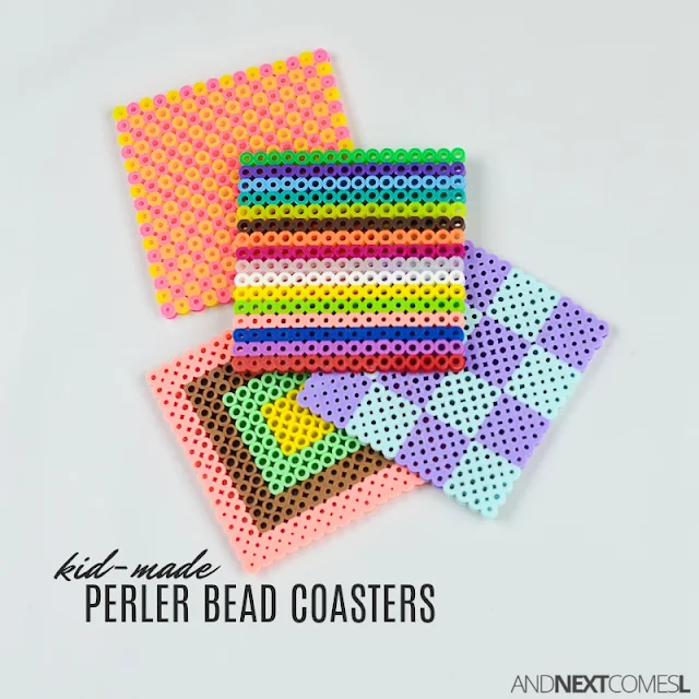 Perler bead craft idea for kids: make a DIY perler bead coaster set from And Next Comes L