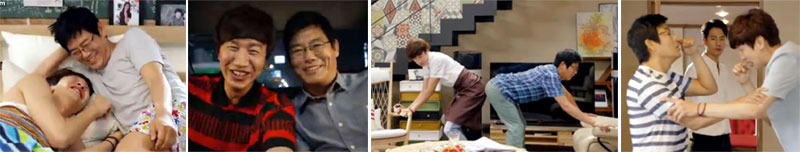 Sung Dong Il 성동일 as Jo Dong Min and Lee Kwang Soo 이광수 as Park Soo Kwang in bed, watching a broadcast, touching butts, and doing breathing exercies while Jae Yul looks on in confusion.
