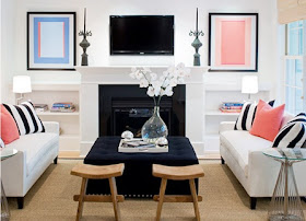 decora y disena: Sala Moderna Blanca con Acentos en Coral y Negro