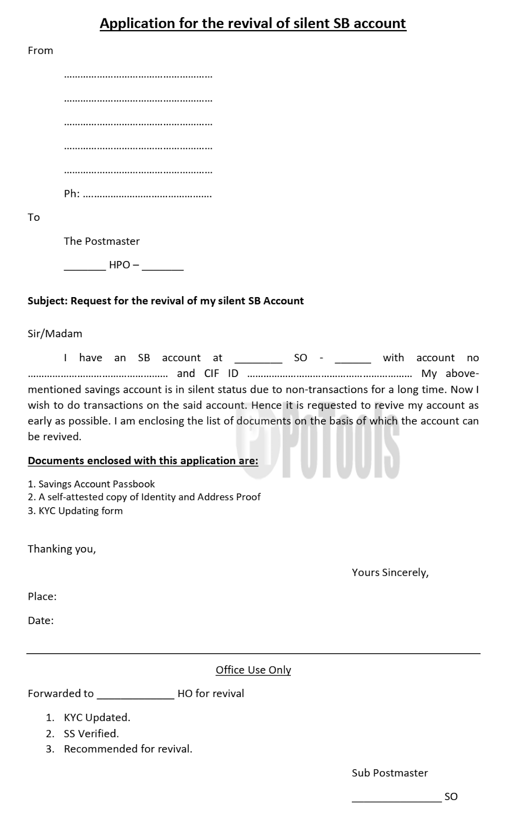 Application form / Request letter for revival of silent SB Account