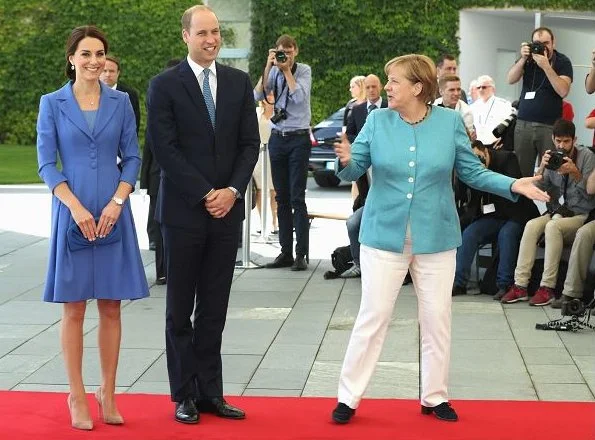 Angela Merkel. Kate Middleton wore a blue dress by Catherine Walker, Kiki McDonough Diamond Earrings, Gianvito Rossi Suede Pumps