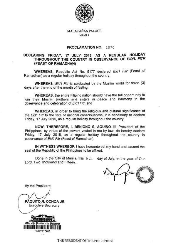 President Aquino declares July 17, 2015 as holiday for Eid 