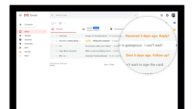 Gmail toont een herinnering dat een geopende e-mail geen antwoord heeft gekregen.