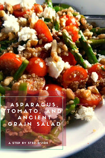 IN-SEASON, FRESH, CRISP vegetables are mixed with quinoa for texture and flavor, then topped with walnuts and feta for another layer of bold flavor.  All of this is drizzled with a reduced balsamic glaze that is TO DIE FOR! Asparagus, Tomato, and Ancient Grain Salad - Slice of Southern
