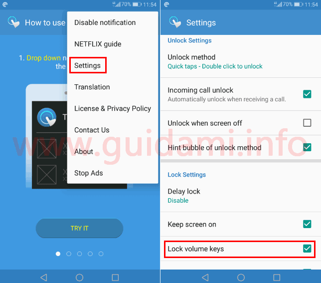 Touch Lock Android impostazioni dell'applicazione