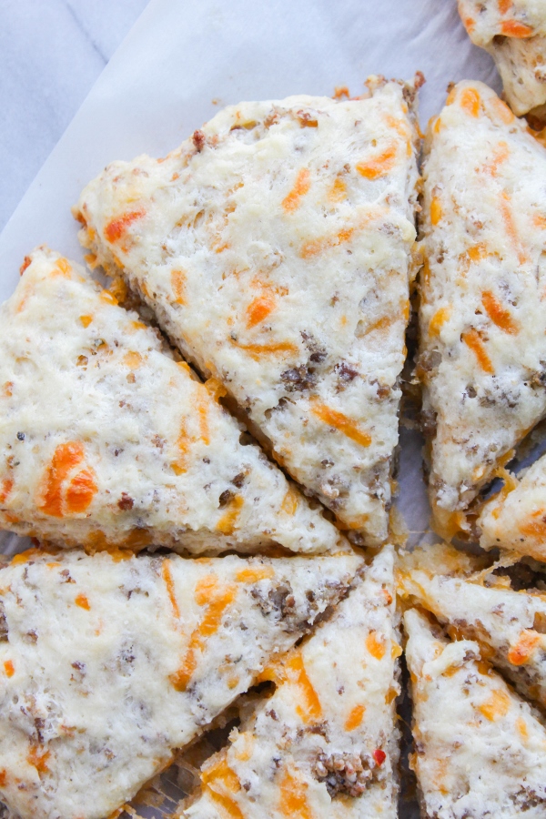 Sausage and cheddar cheese are the stars in these tender and flaky savory scones. They are the perfect addition to your breakfast or brunch menu!