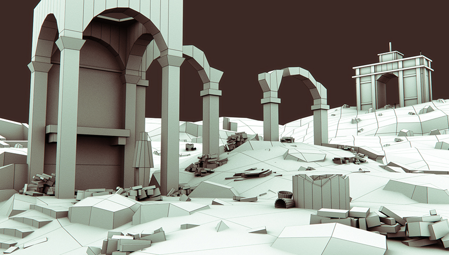 Wireframe 3D blockout ruins scene