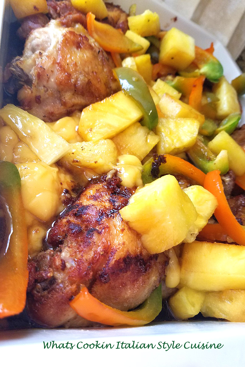 Tropical chicken with pineapple and peppers all baked in a casserole dish with a sweet Asian Polynesian style sauce. Fresh pineapple glazes the chicken with a sweet brown sugar . The peppers, soy sauce and rice wine vinegar give it a nice tangy flavor in this casserole chicken thigh dish