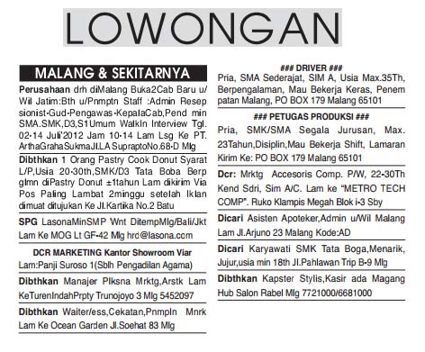 Lowongan Kerja di Malang 30 Juni 2012 ~ ::Info-Malang-Raya::