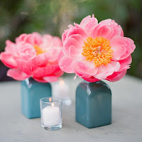 Turquoise Vases with Pink and Orange Flowers