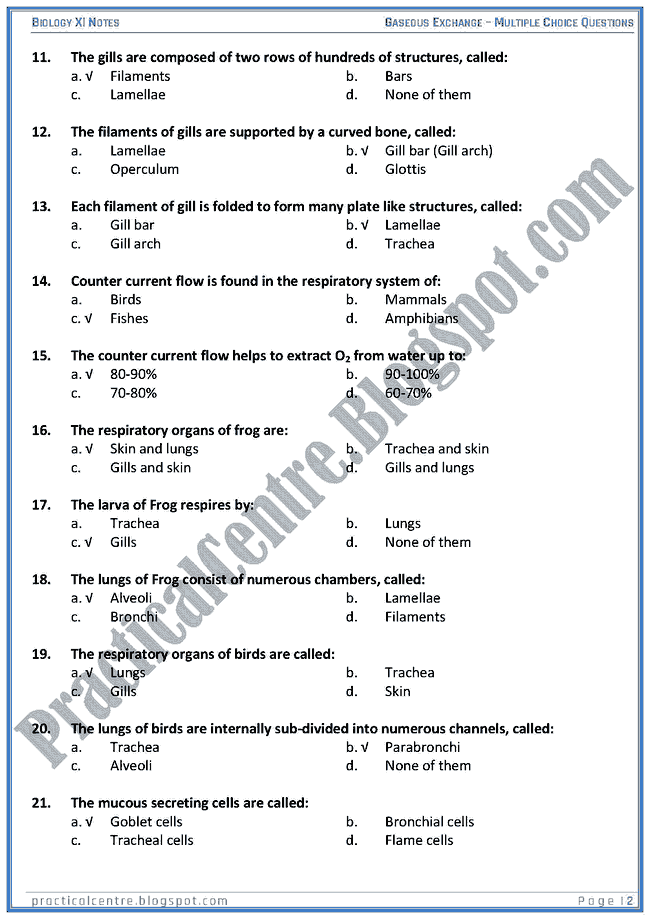 gaseous-exchange-mcqs-biology-xi