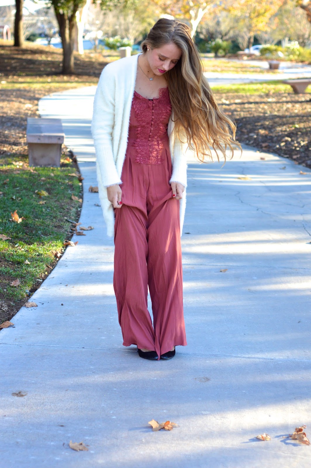 The Teacup of Style: lace jumpsuit + white fuzzy cardigan