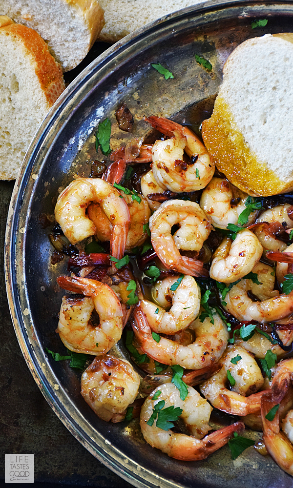 Spanish Garlic Shrimp, (Gambas al Ajillo) | by Life Tastes Good is a popular Spanish tapas because it is insanely delicious and an easy recipe to make too! Great for a party appetizer, snack, or light meal! #LTGrecipes #SundaySupper