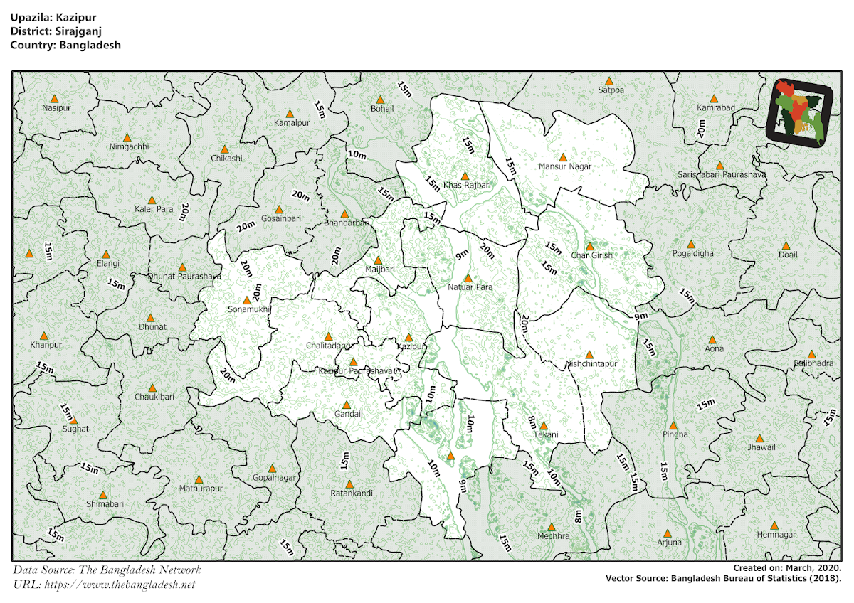 Kazipur Upazila Elevation Map Sirajganj District Bangladesh