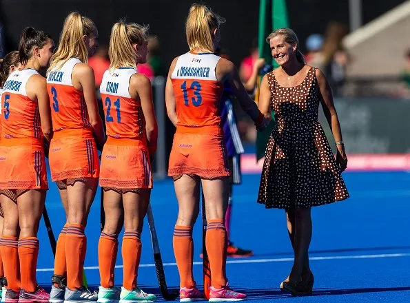 Countess Sophie of Wessex wore PRADA dot polka dress. Lady Louise Windsor at 2018 Hockey Women’s World Cup final