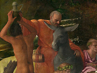 Dei di Bellini: un satiro con una brocca sul capo e  il dio Sileno abbracciato ad un asino