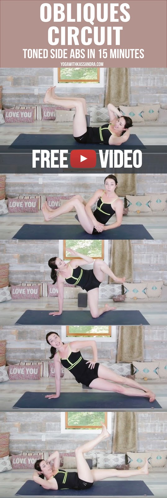 When targeting one area of the body in a workout, it doesn't require much time at once, but rather the right moves consistently.   These 5 moves make up a 15 minute circuit I practice regularly, to work the side abdominals or obliques. Doing this alongside my yoga practice provides me with strength and stability in the core to get in to new (and impressive) yoga poses.   Each of these exercises will be done in 12 repetitions on each side. Feel free to take breaks as needed, no one is timing how fast you get it done.   You will need one block for this short and sweet workout, and I would also suggest a yoga mat for comfort.