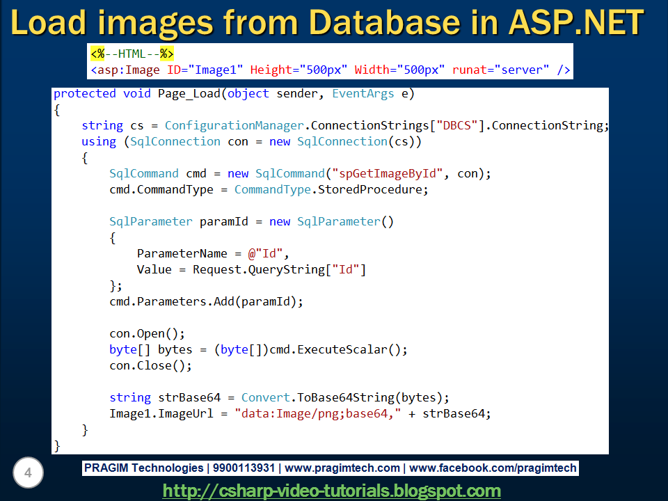 Sql server, .net and c# video tutorial: Load image from database in asp.net