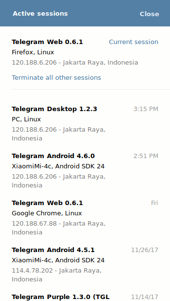 Jendela pengaturan sesi aktif Telegram di Telegram Web