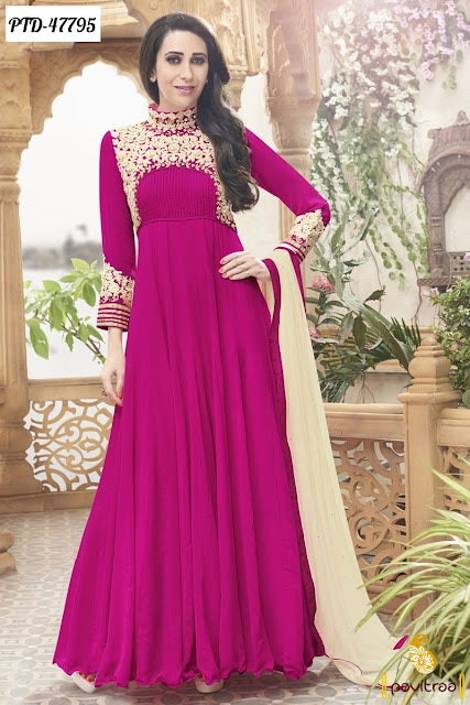 Diwali and Karva Chauth special Karishma Kapoor dark pink chiffon anarkali salwar suit online with discount deals and offer at pavitraa.in