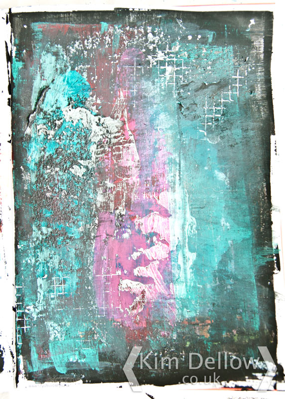 Dark art journal page with teal and pink and black