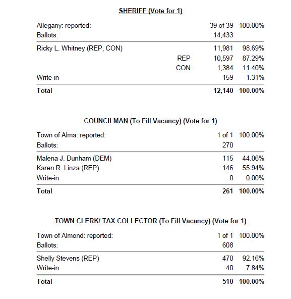 Wellsville Regional News (dot) com Allegany County Election Results
