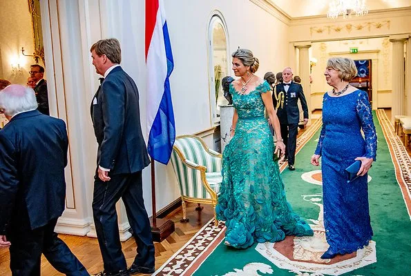 Queen Maxima wore a green lace gown by Jan Taminiau. Lace dress by Dutch designer Jan Taminiau. Green diamond earrings, tiara, necklace